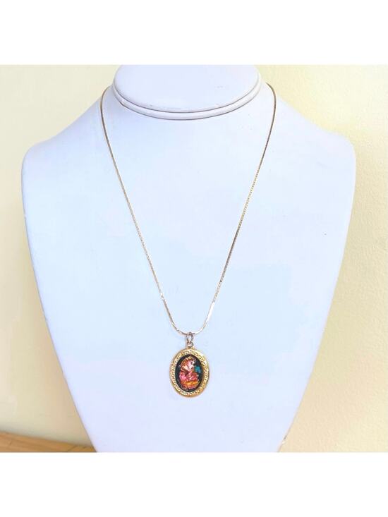 Jewelry - Necklace Pendant Vtg Foil Art Domed Rainbow Flake Victorian Style Ornate